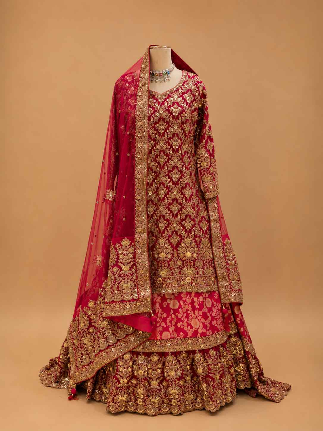Rani Embroidered Lehenga Set with Gold Detailing & Dupatta | Bridal & Wedding Wear