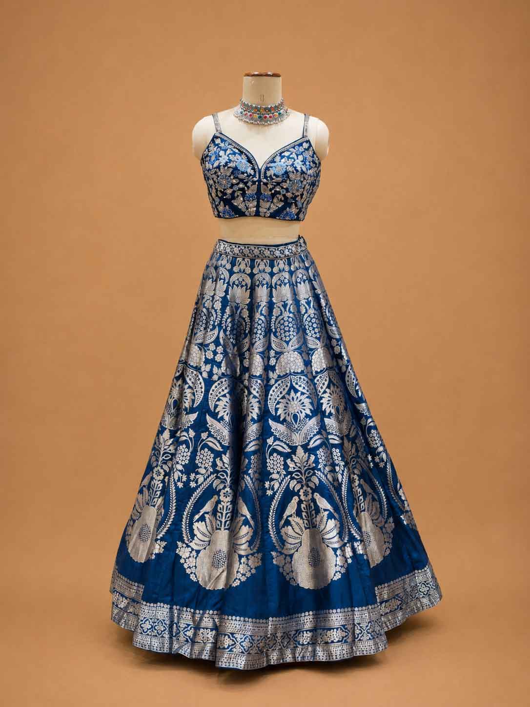 Navy Blue & Gold Printed Lehenga Set with Embroidered Jacket | Festive Wear