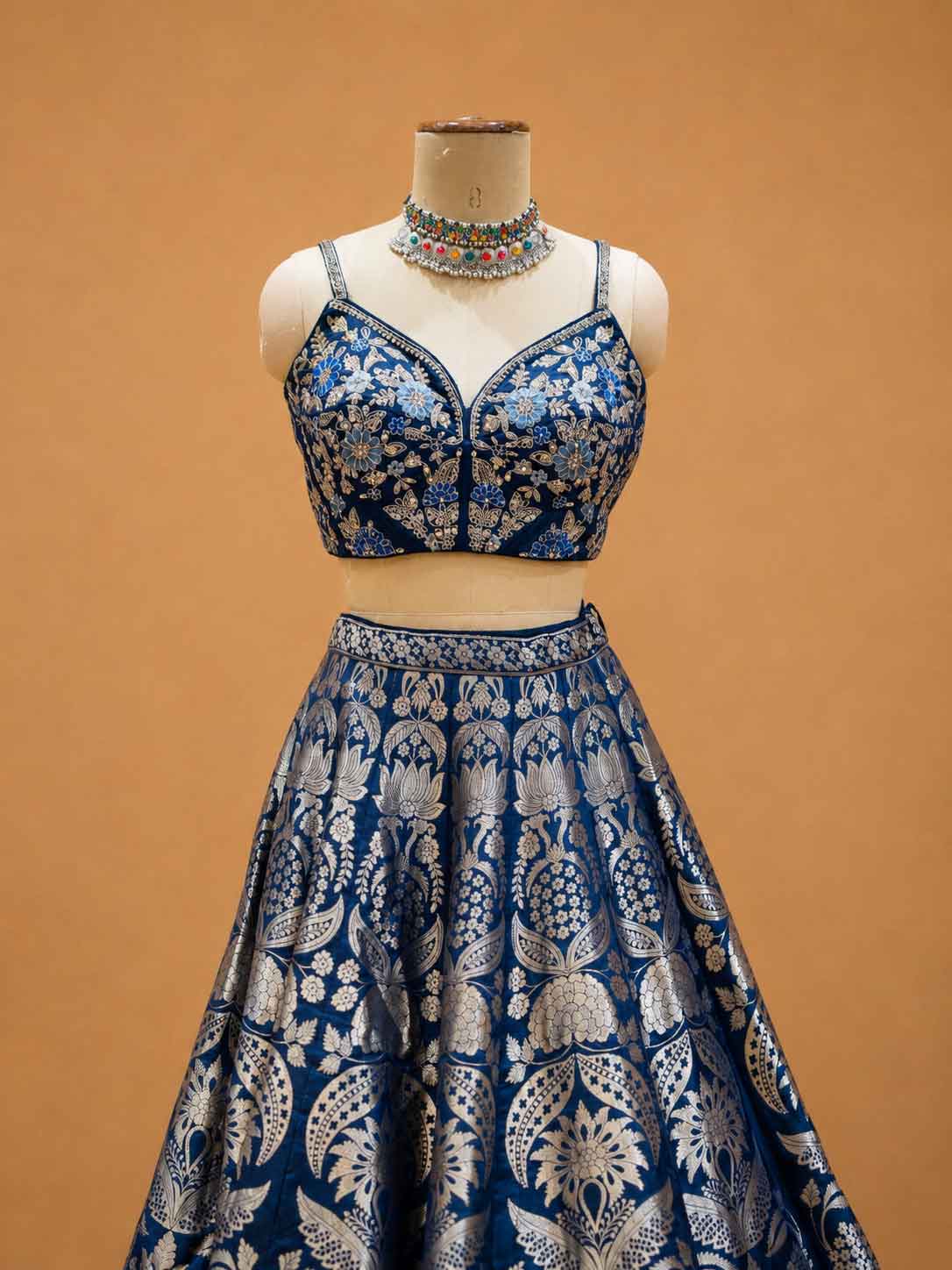 Navy Blue & Gold Printed Lehenga Set with Embroidered Jacket | Festive Wear
