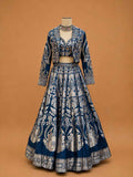 Navy Blue & Gold Printed Lehenga Set with Embroidered Jacket | Festive Wear