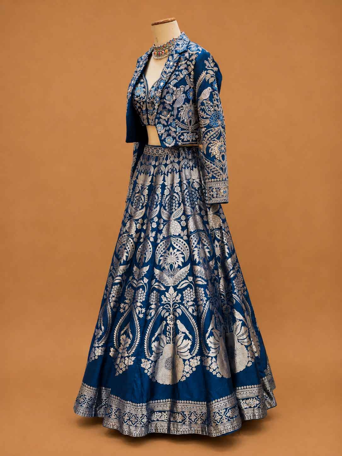 Navy Blue & Gold Printed Lehenga Set with Embroidered Jacket | Festive Wear