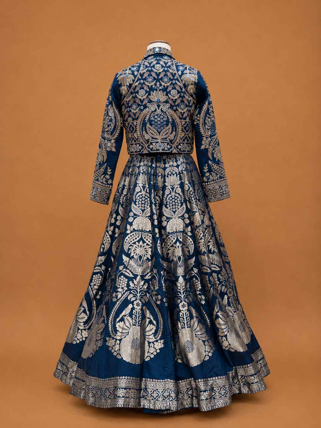 Navy Blue & Gold Printed Lehenga Set with Embroidered Jacket | Festive Wear