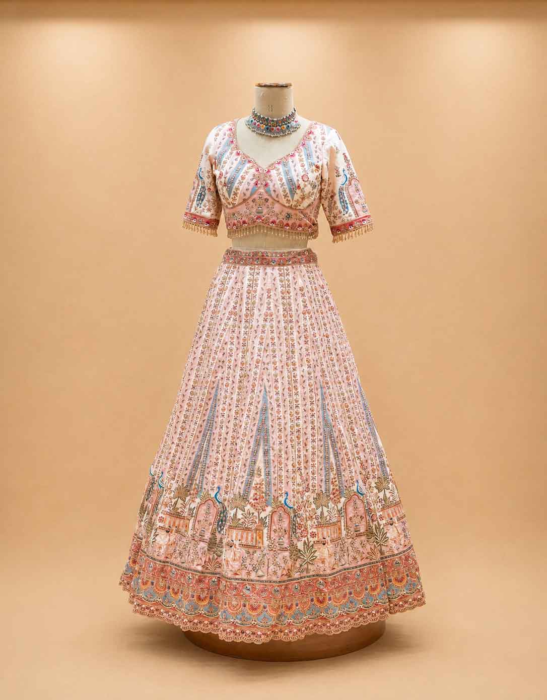 Cream Printed Lehenga Set with Embellished Blouse & Dupatta | Festive Wear