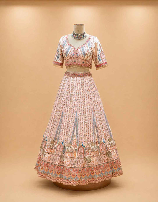 Cream printed lehenga set with embellished blouse and dupatta - view 2