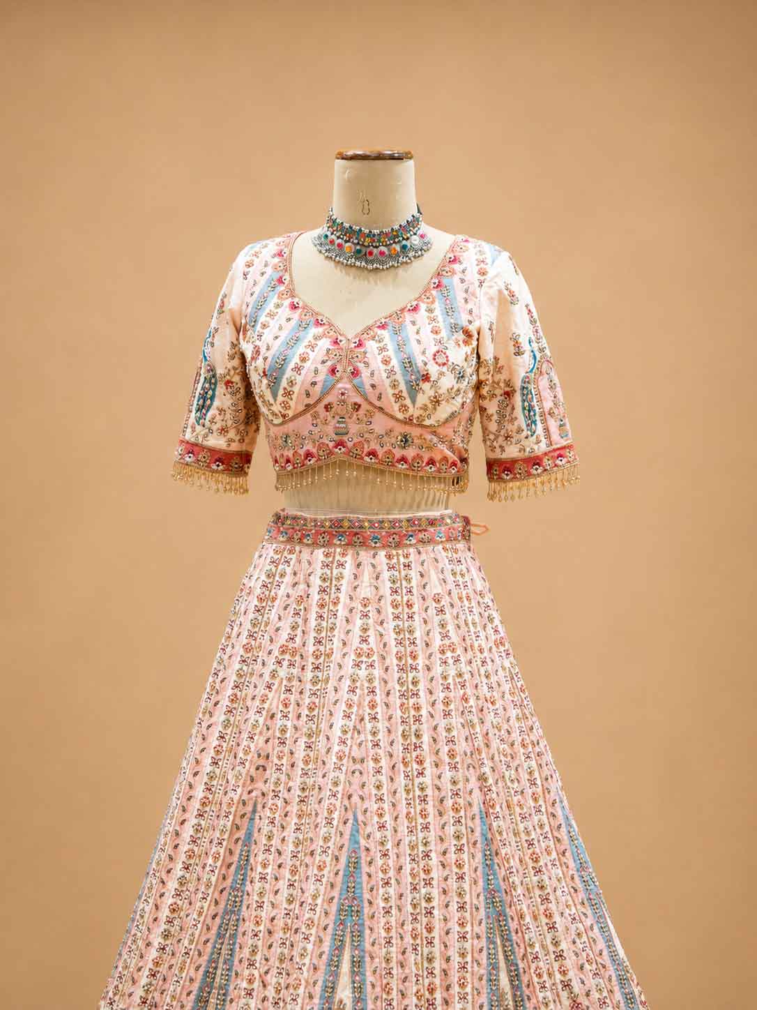 Cream Printed Lehenga Set with Embellished Blouse & Dupatta | Festive Wear