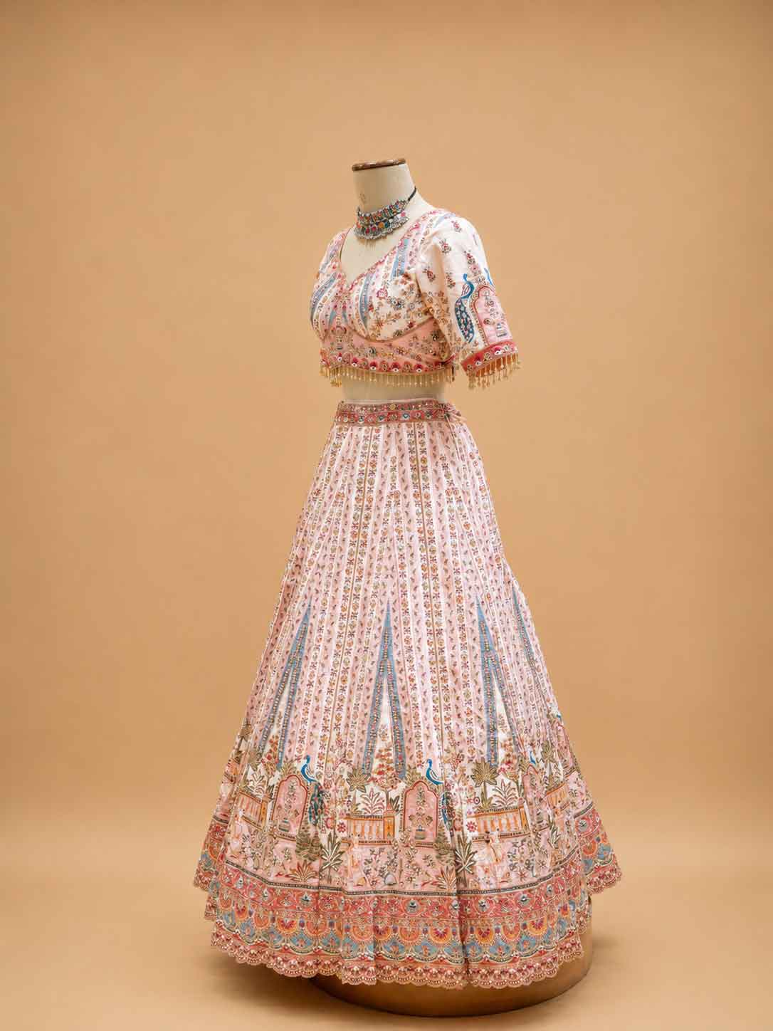 Cream Printed Lehenga Set with Embellished Blouse & Dupatta | Festive Wear