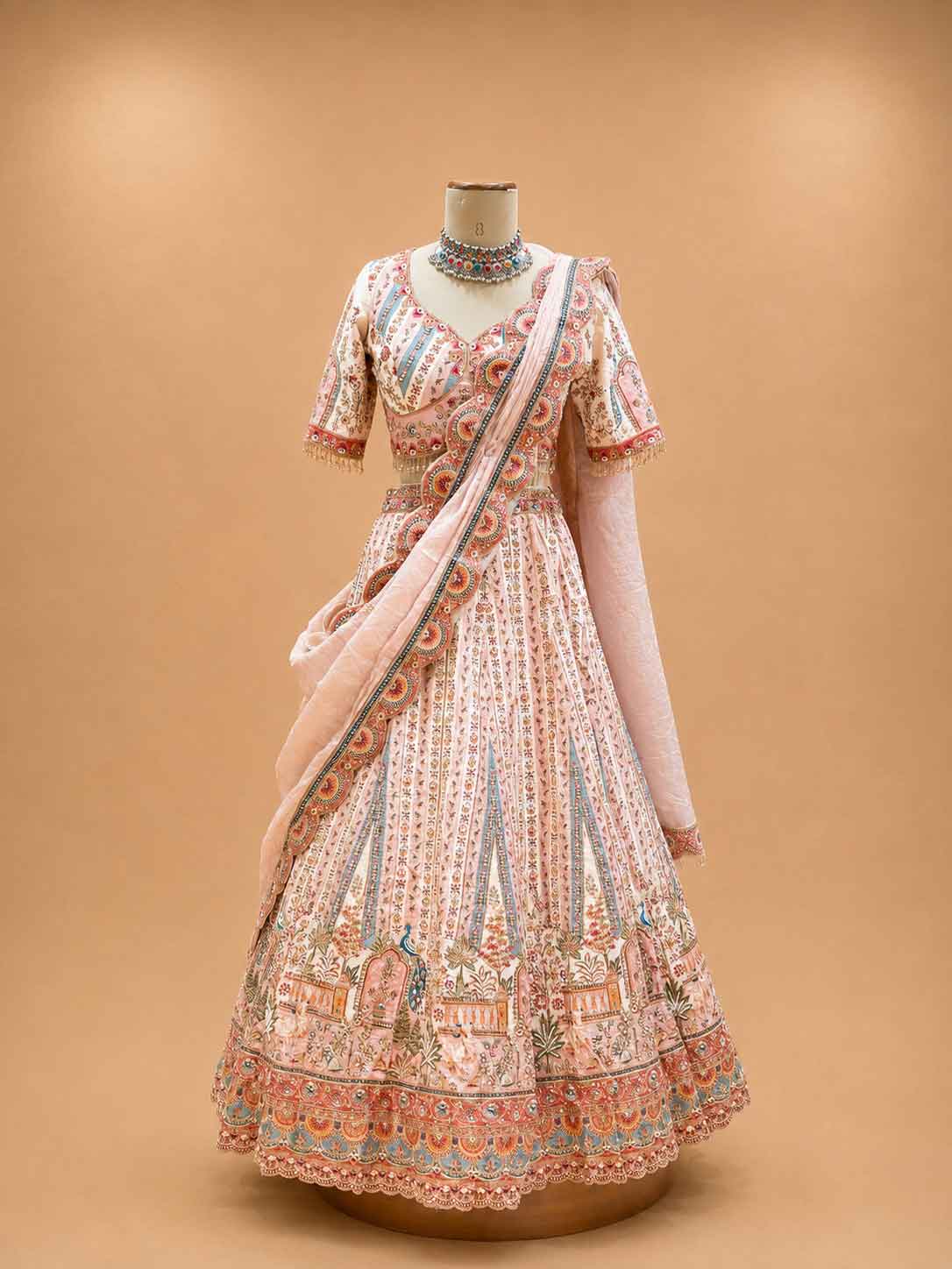 Cream Printed Lehenga Set with Embellished Blouse & Dupatta | Festive Wear