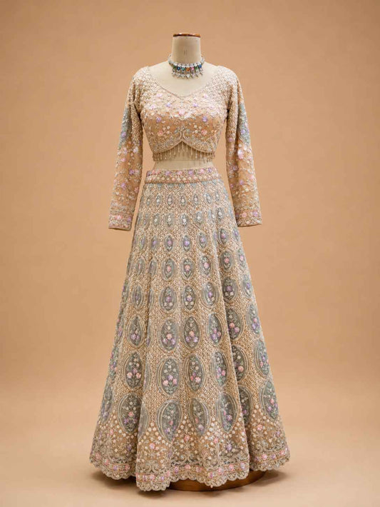 Pink embroidered lehenga set with blouse and dupatta style 2 - view 2