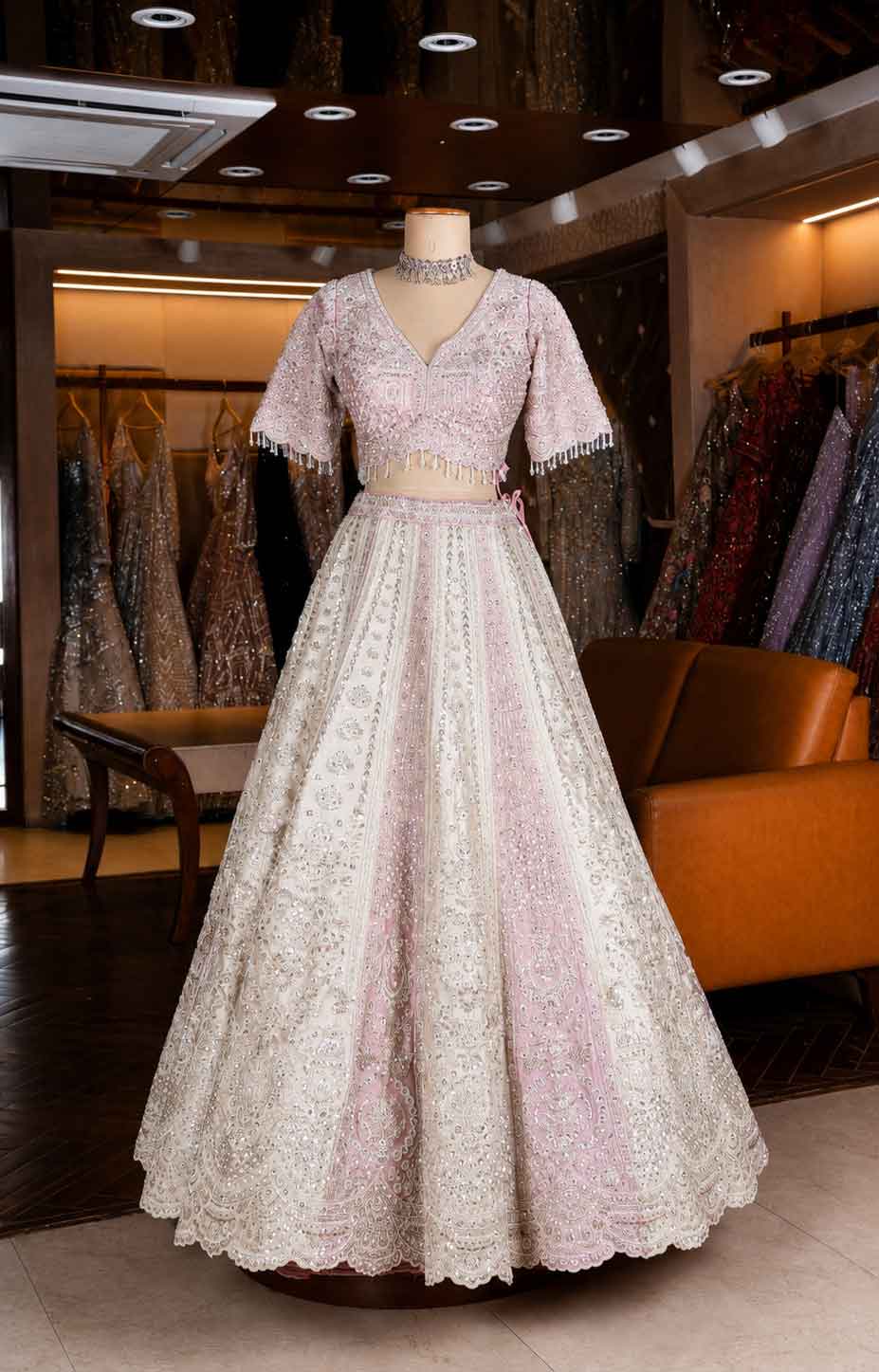 Elegant Cream Embroidered Lehenga Set with Statement Blouse | Wedding & Festive Wear