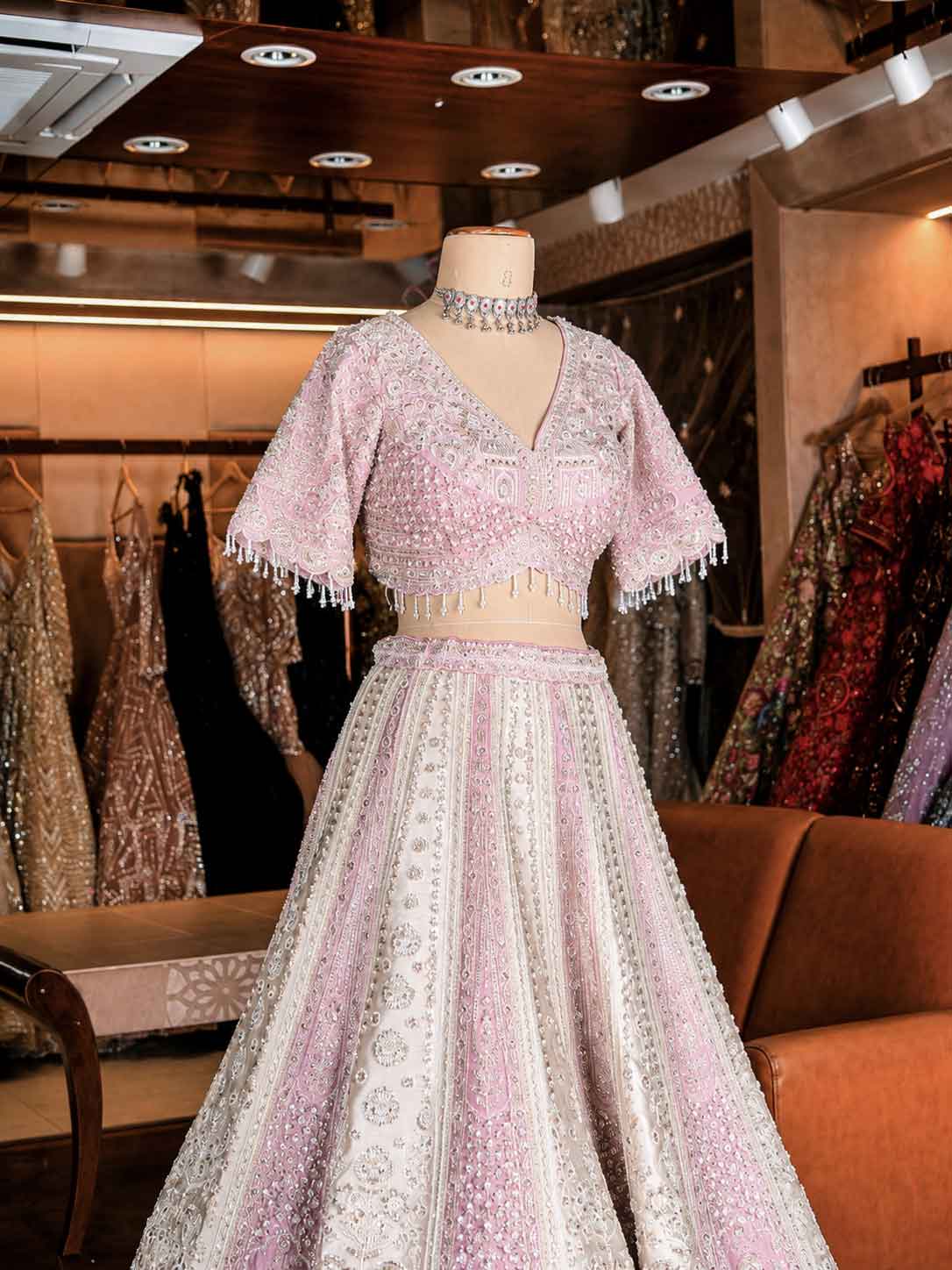 Elegant Cream Embroidered Lehenga Set with Statement Blouse | Wedding & Festive Wear