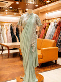 Elegant Green Embroidered Saree with Short Sleeve Blouse | Festive & Party Wear