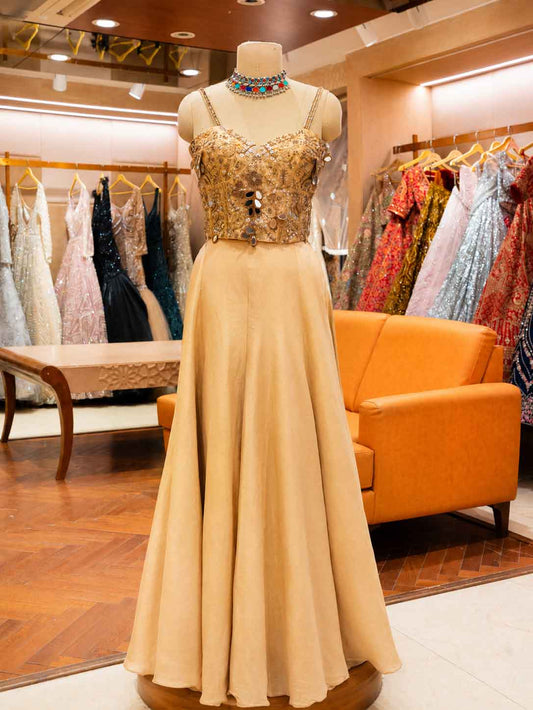 Gold embroidered lehenga set with sheer cape dupatta - view 2