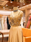 Elegant Gold Embroidered Lehenga Set with Sheer Cape Dupatta | Festive & Wedding Wear