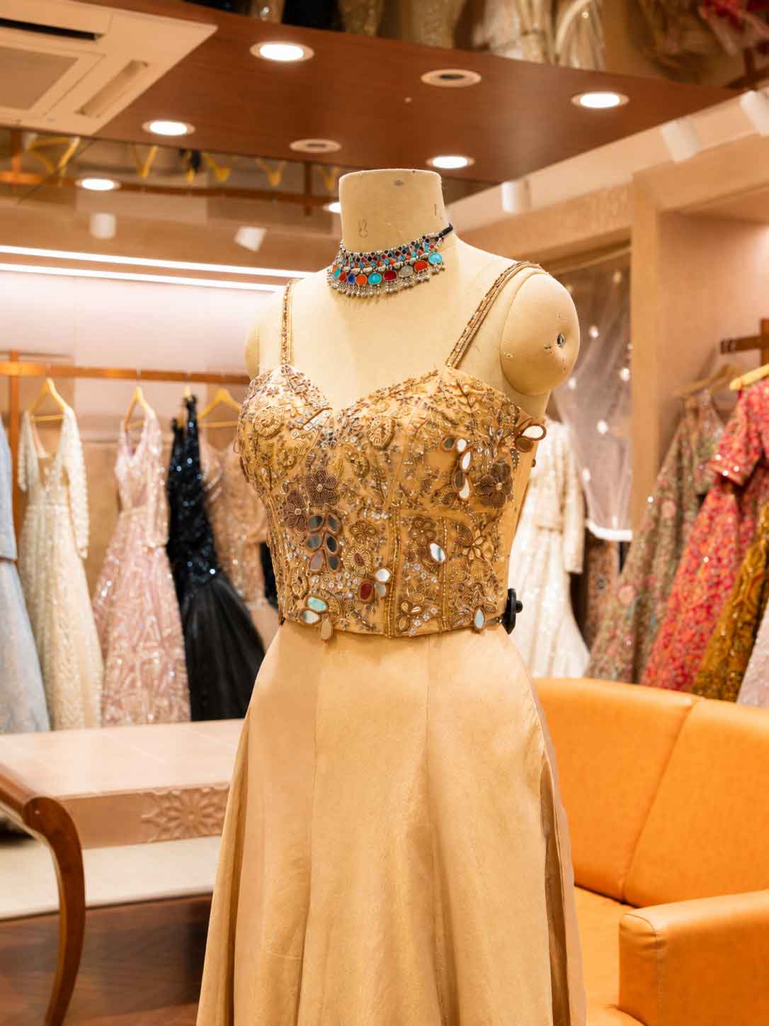 Elegant Gold Embroidered Lehenga Set with Sheer Cape Dupatta | Festive & Wedding Wear