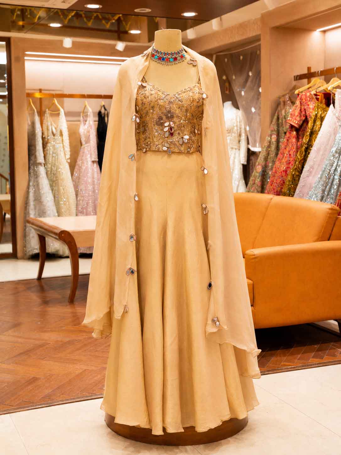 Elegant Gold Embroidered Lehenga Set with Sheer Cape Dupatta | Festive & Wedding Wear