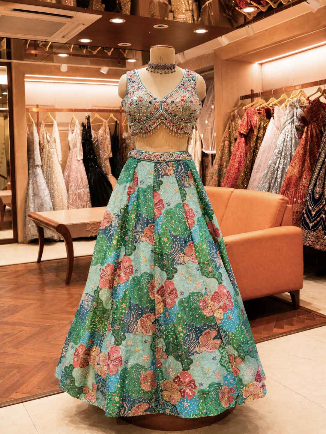 Elegant Firozi Floral Embroidered Lehenga Set with Sheer Dupatta | Festive & Wedding Wear
