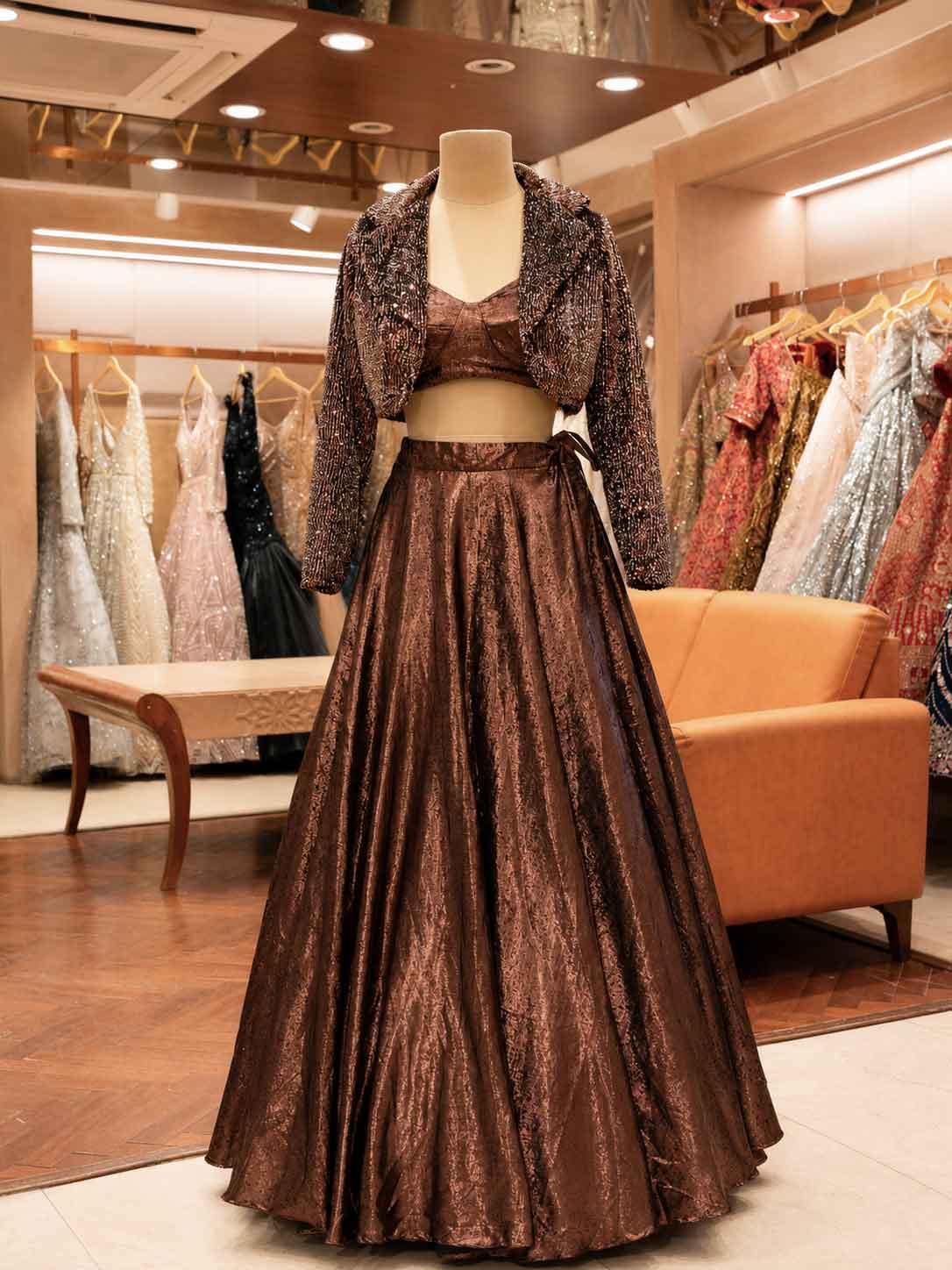 Elegant Brown Shimmer Lehenga Set with Cropped Jacket | Party & Festive Wear