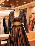 Elegant Brown Shimmer Lehenga Set with Cropped Jacket | Party & Festive Wear