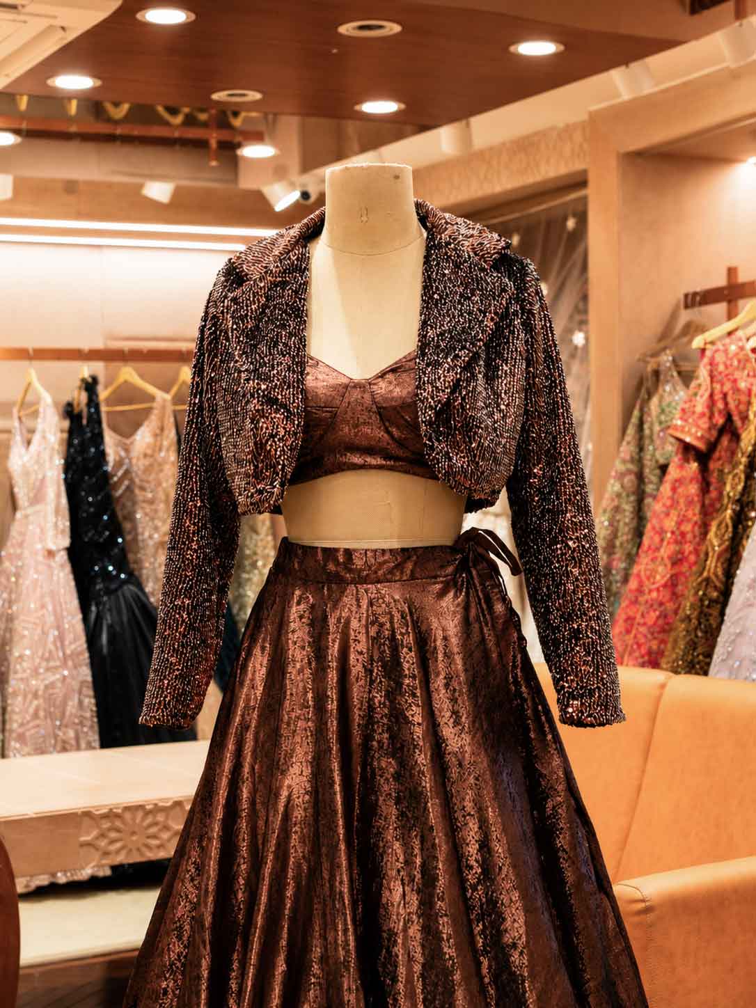Elegant Brown Shimmer Lehenga Set with Cropped Jacket | Party & Festive Wear