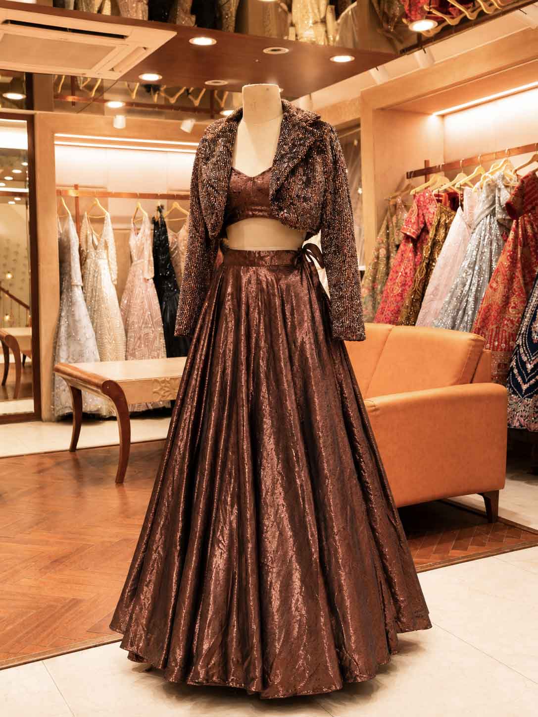 Elegant Brown Shimmer Lehenga Set with Cropped Jacket | Party & Festive Wear