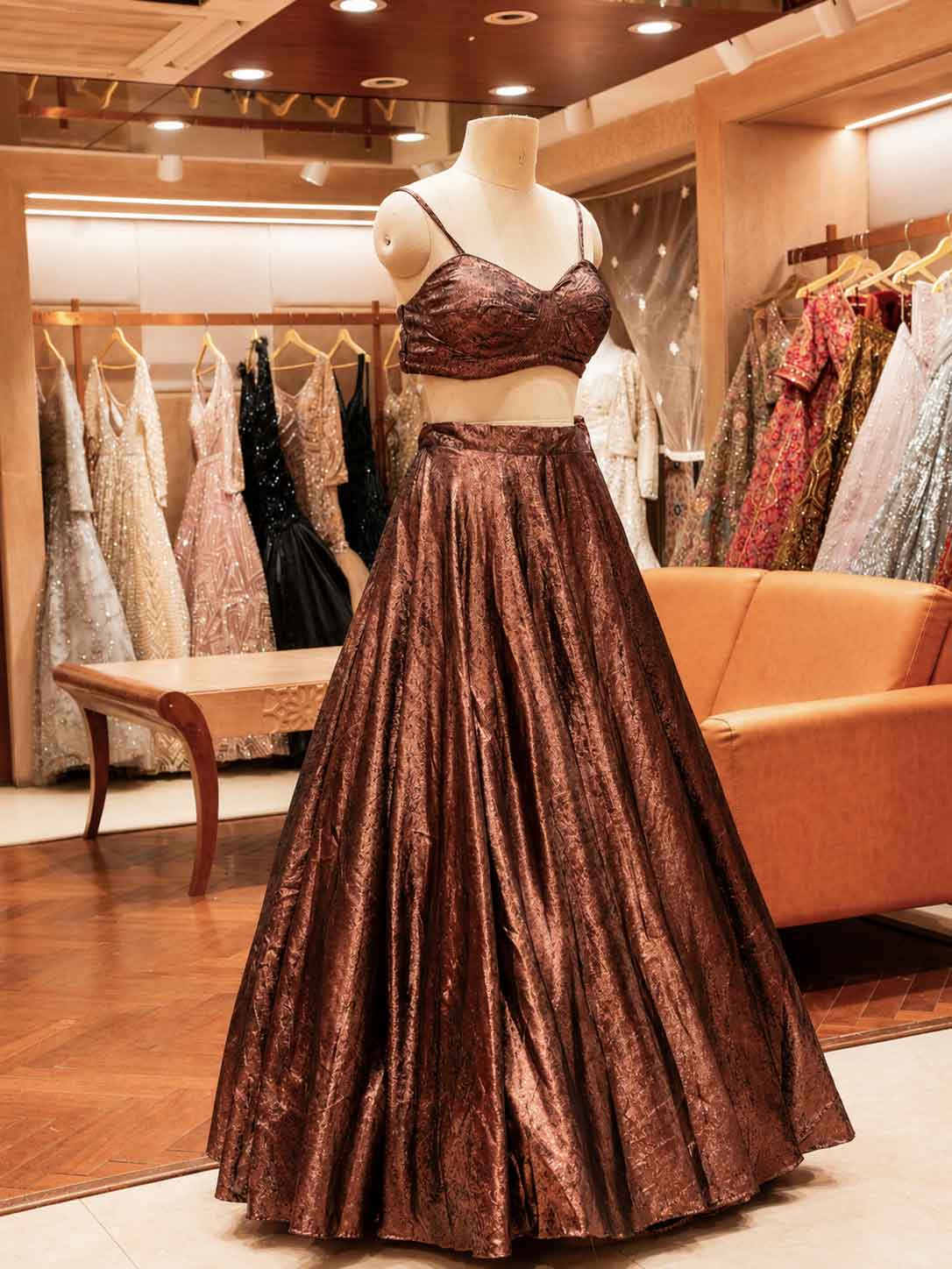 Elegant Brown Shimmer Lehenga Set with Cropped Jacket | Party & Festive Wear