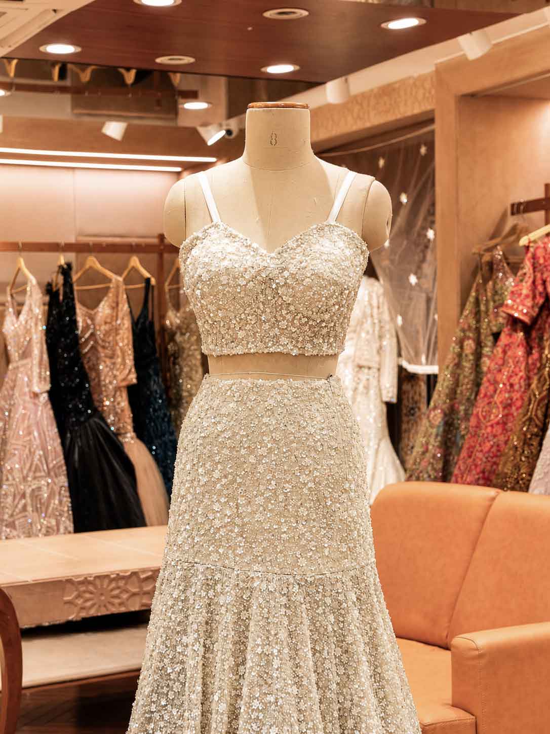 Gold Embellished Lehenga Set with Sheer Cape | Elegant Wedding & Reception Wear
