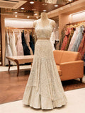 Gold Embellished Lehenga Set with Sheer Cape | Elegant Wedding & Reception Wear