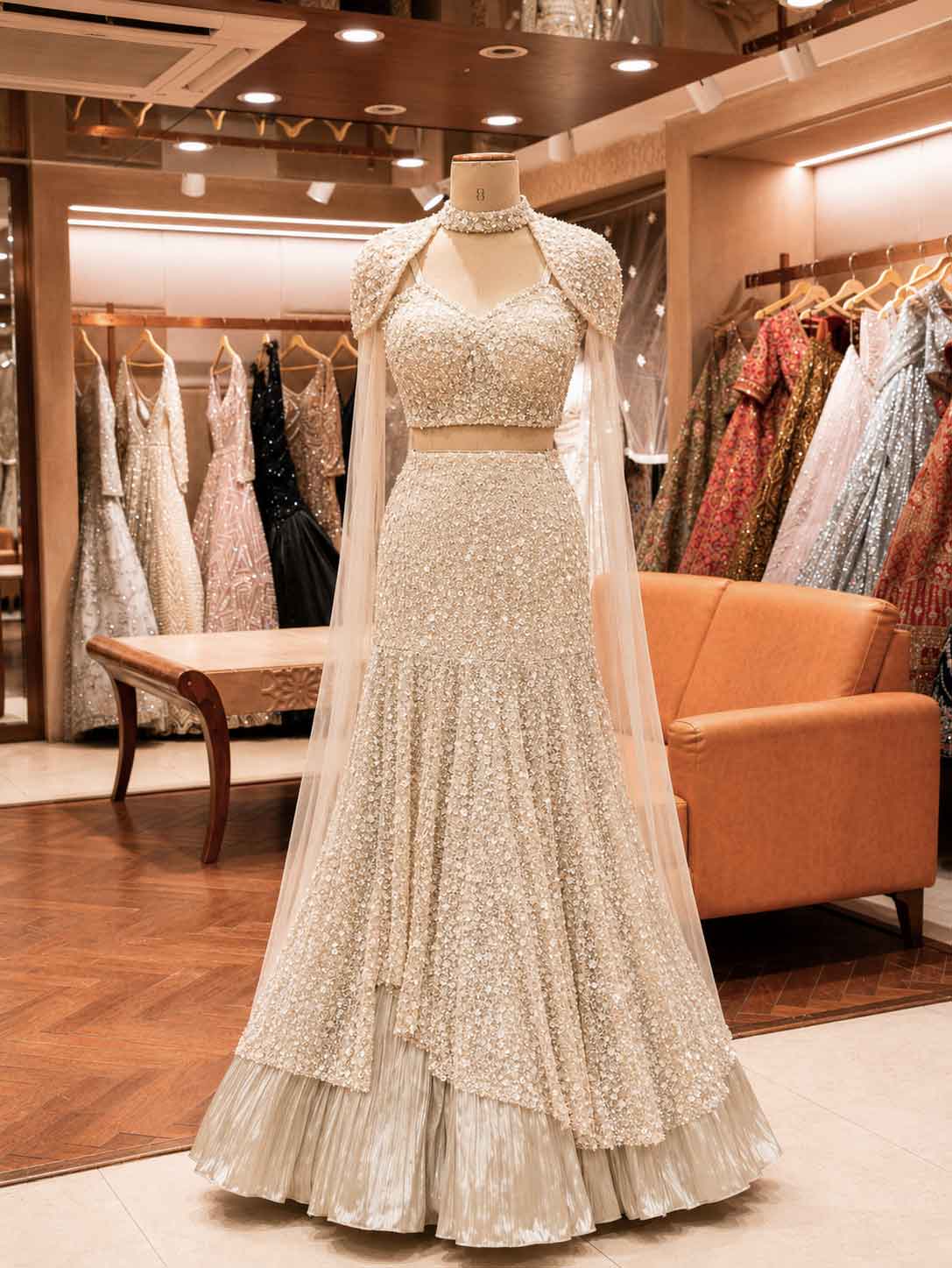Gold Embellished Lehenga Set with Sheer Cape | Elegant Wedding & Reception Wear