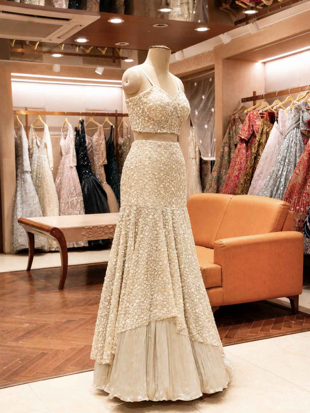 Gold Embellished Lehenga Set with Sheer Cape | Elegant Wedding & Reception Wear