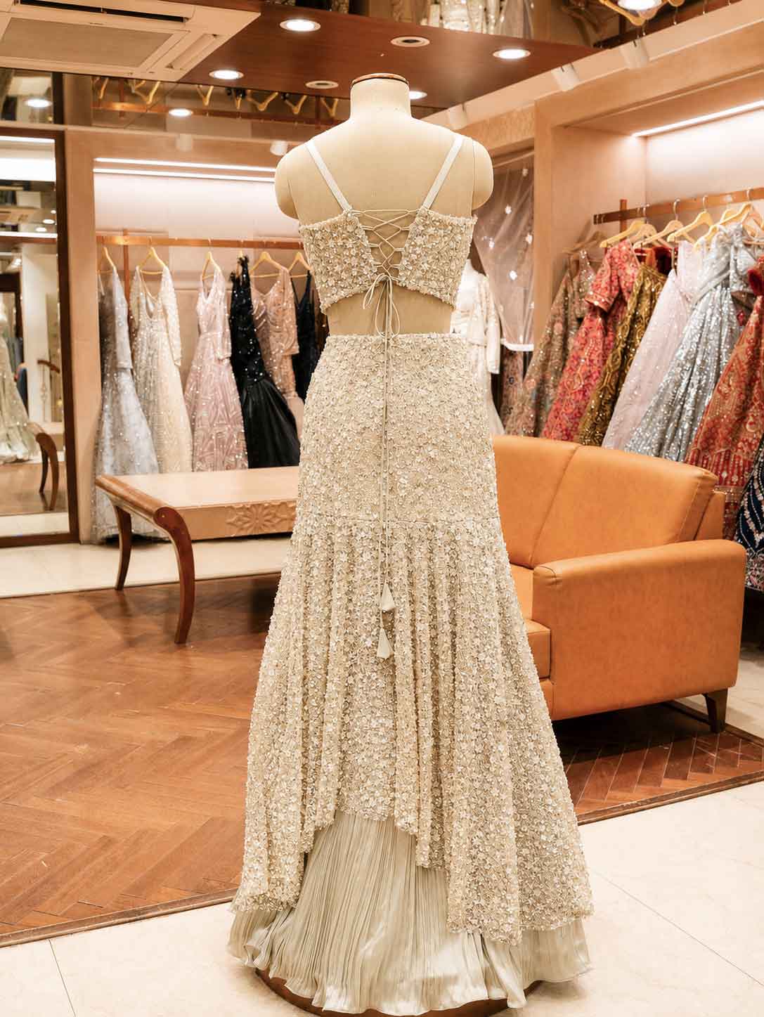 Gold Embellished Lehenga Set with Sheer Cape | Elegant Wedding & Reception Wear