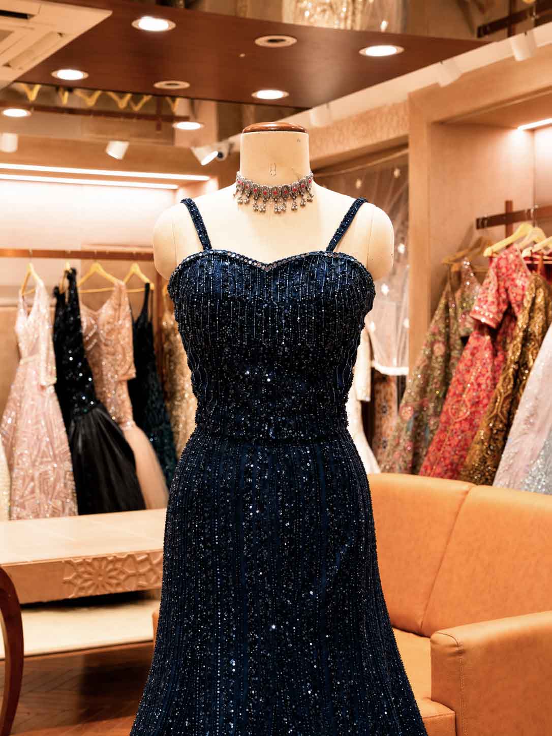 Navy Blue Embellished Gown with Sheer Cape | Elegant Party & Wedding Wear