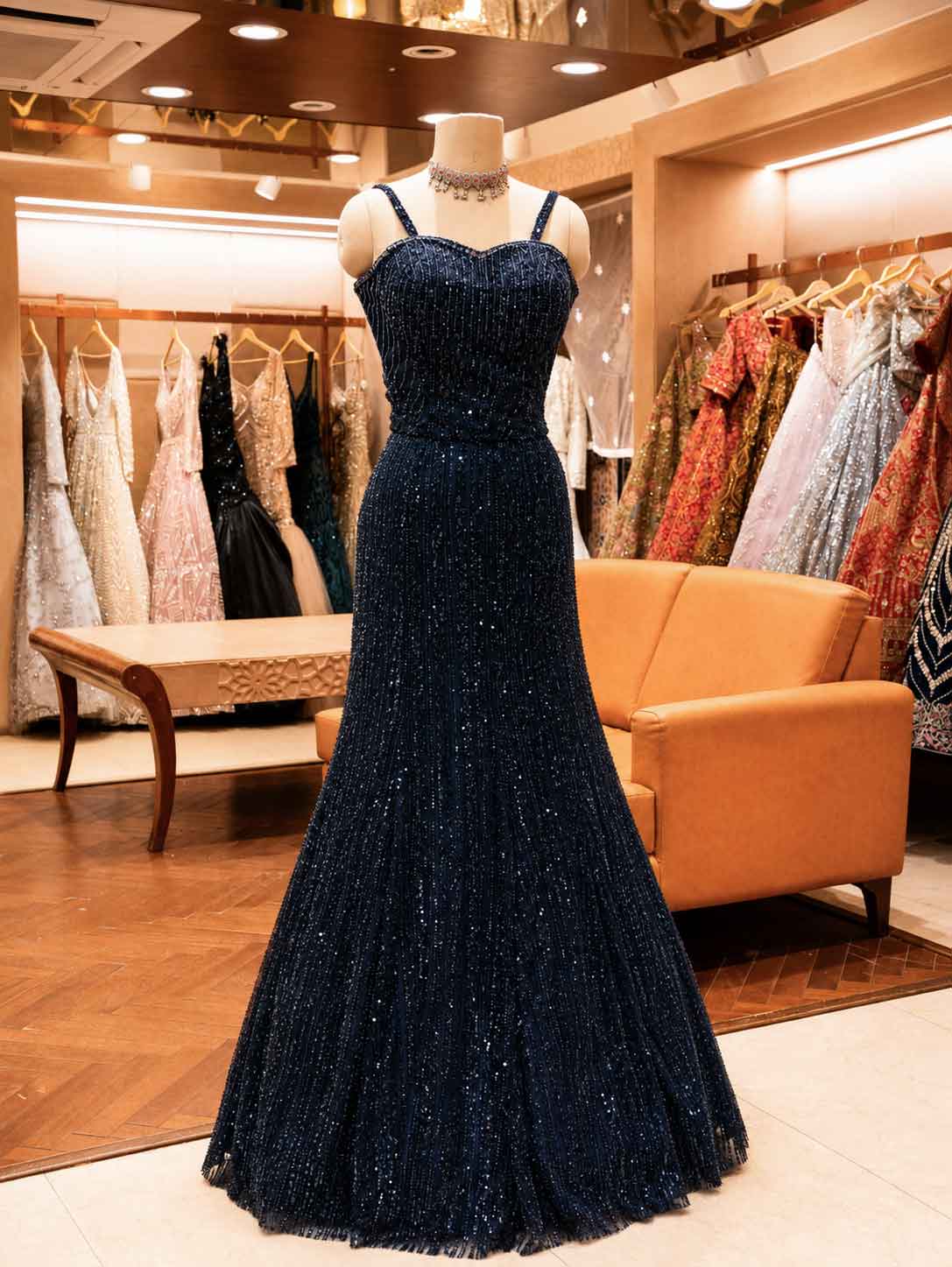 Navy Blue Embellished Gown with Sheer Cape | Elegant Party & Wedding Wear