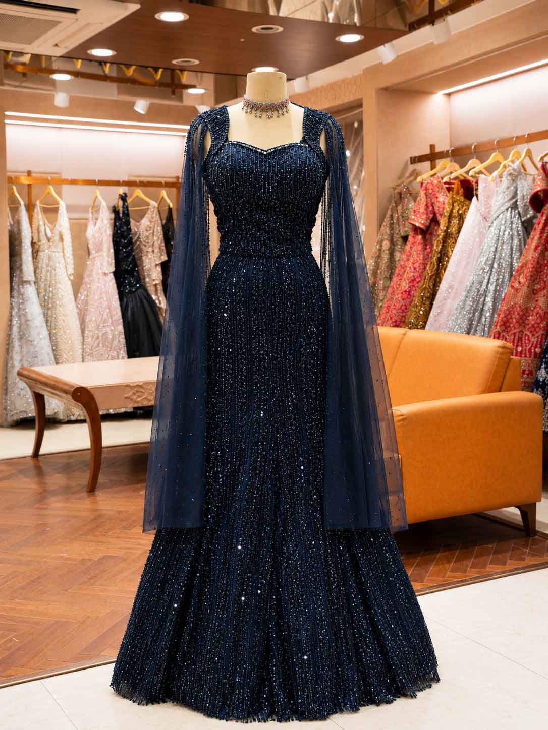 Navy Blue Embellished Gown with Sheer Cape | Elegant Party & Wedding Wear