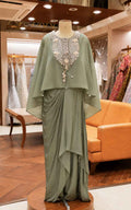 Pista Green Cape Style Sharara Set with Embroidered Neckline | Festive & Party Wear