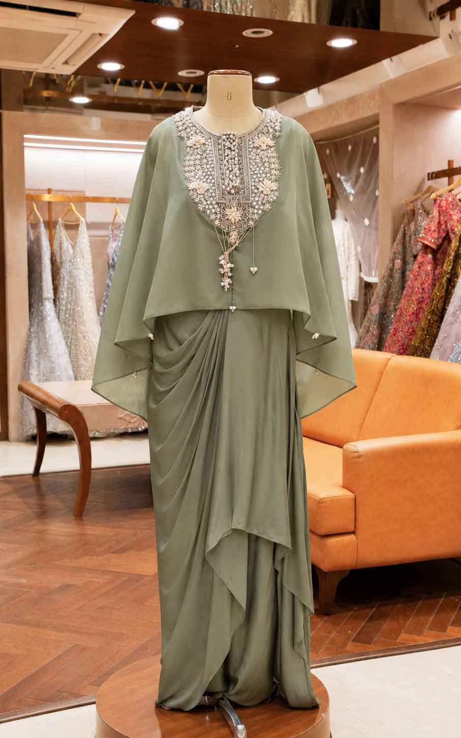 Pista Green Cape Style Sharara Set with Embroidered Neckline | Festive & Party Wear