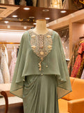 Pista Green Cape Style Sharara Set with Embroidered Neckline | Festive & Party Wear