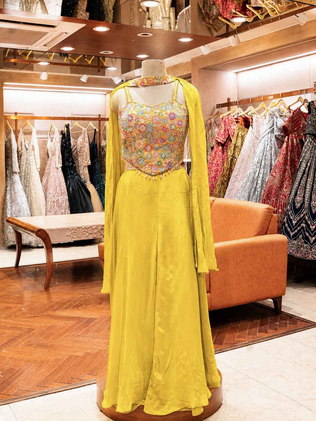 Yellow Embroidered Gown with Embellished Bodice & Dupatta | Party & Festive Wear