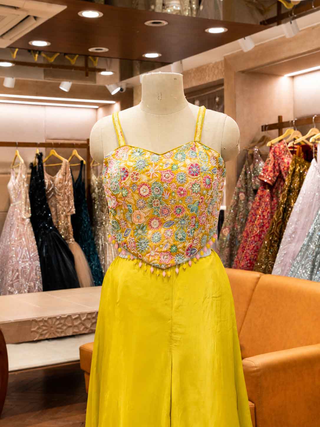 Yellow Embroidered Gown with Embellished Bodice & Dupatta | Party & Festive Wear
