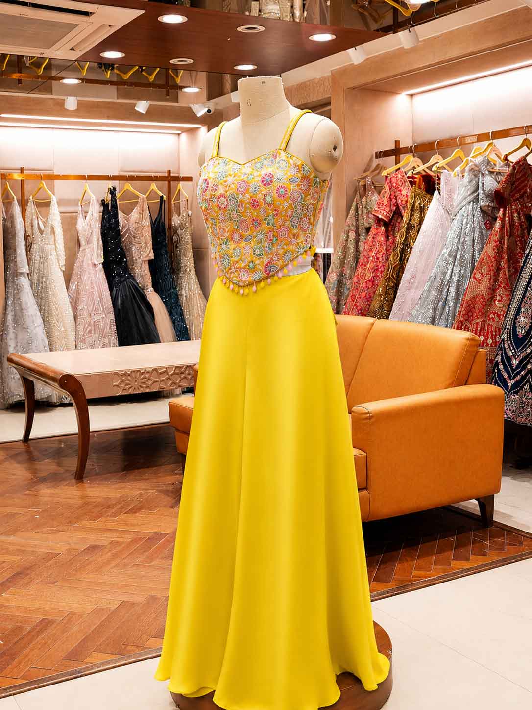 Yellow Embroidered Gown with Embellished Bodice & Dupatta | Party & Festive Wear