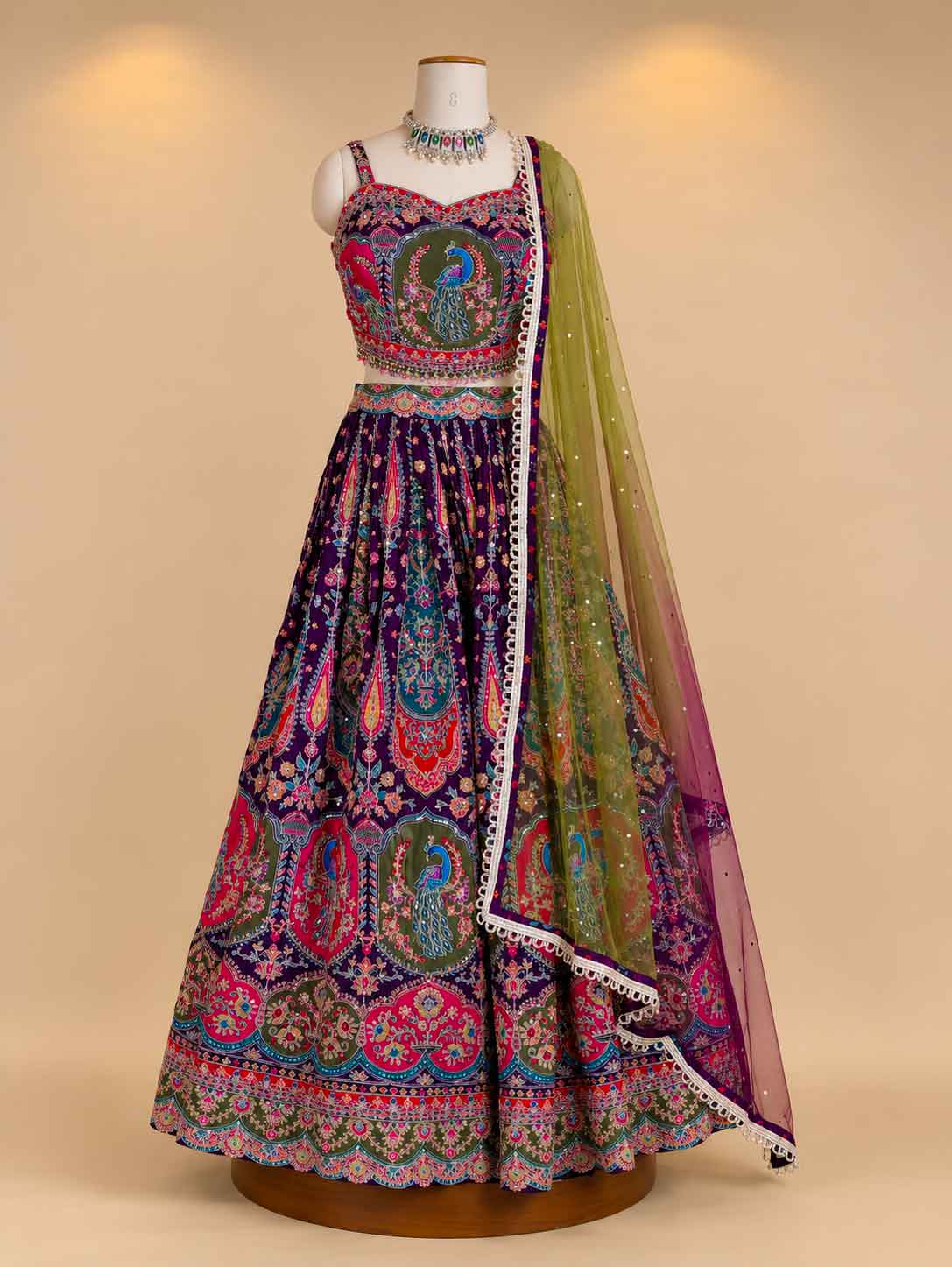 Purple Designer Lehenga with Peacock Embroidery & Multicolor Dupatta | Festive & Wedding Wear