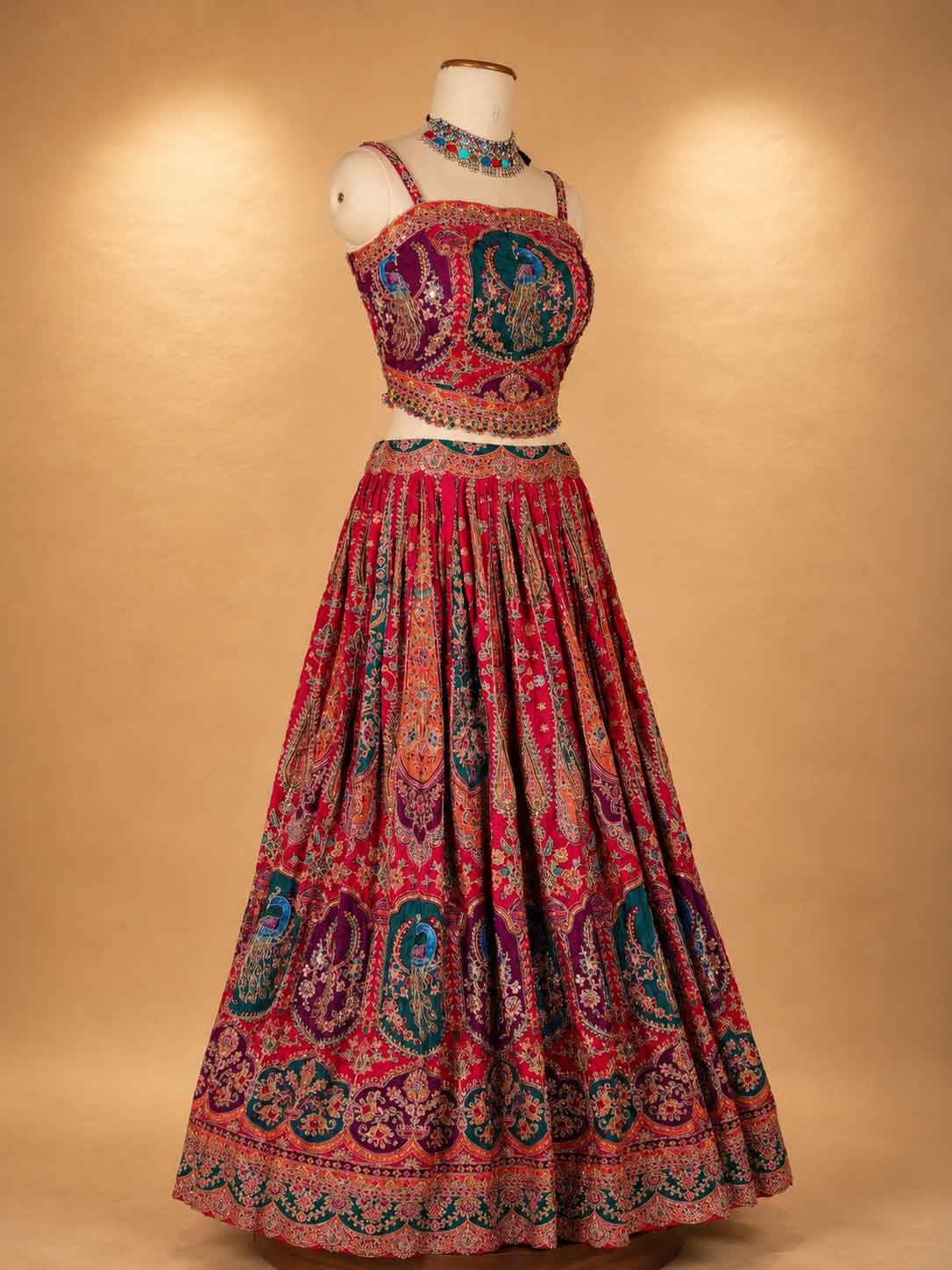 Rani Pink Designer Lehenga with Peacock Embroidery & Multicolor Dupatta | Wedding Wear