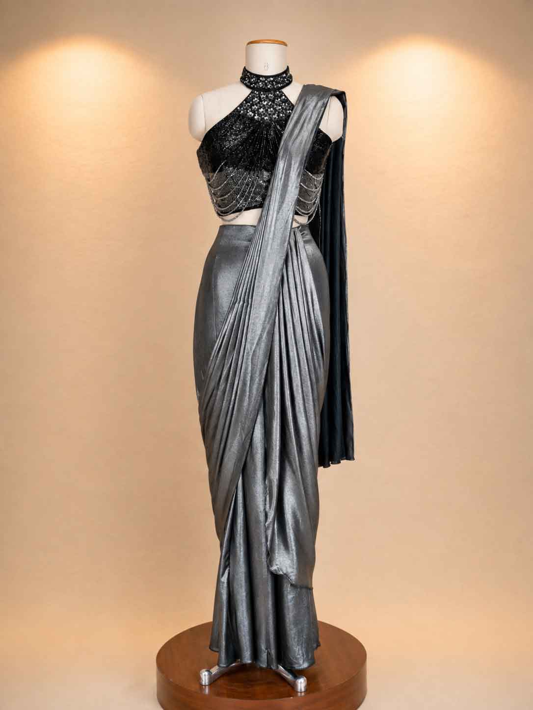 Grey Designer Saree with Sequin Embellished Blouse | Elegant Party & Evening Wear