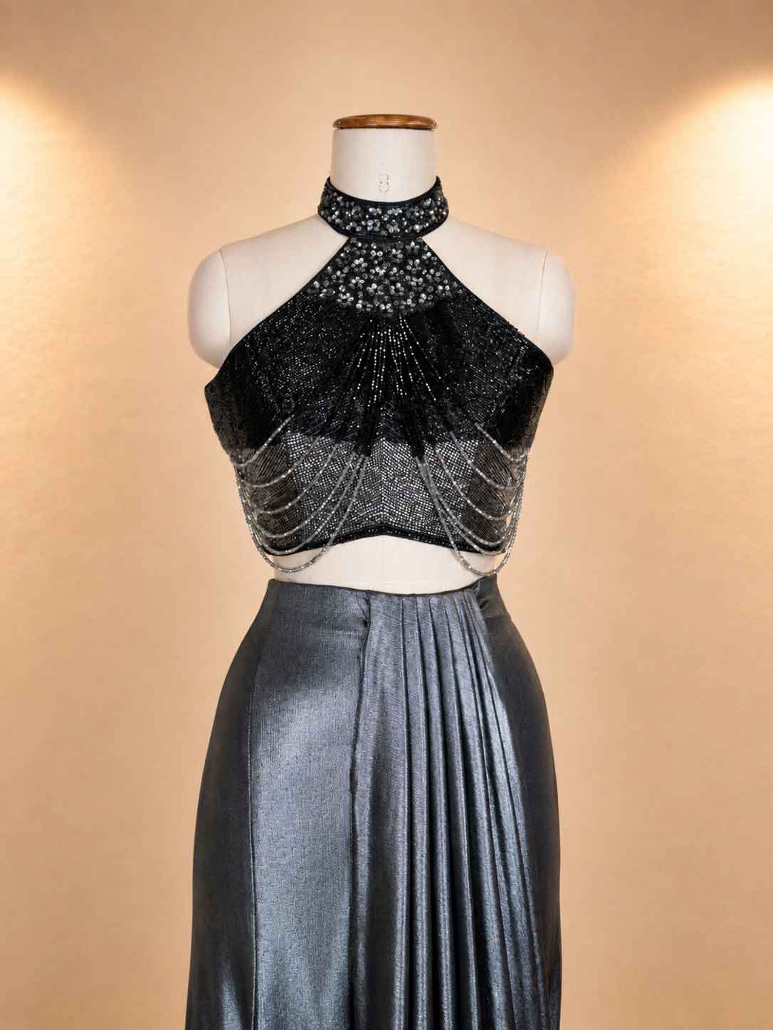 Grey Designer Saree with Sequin Embellished Blouse | Elegant Party & Evening Wear