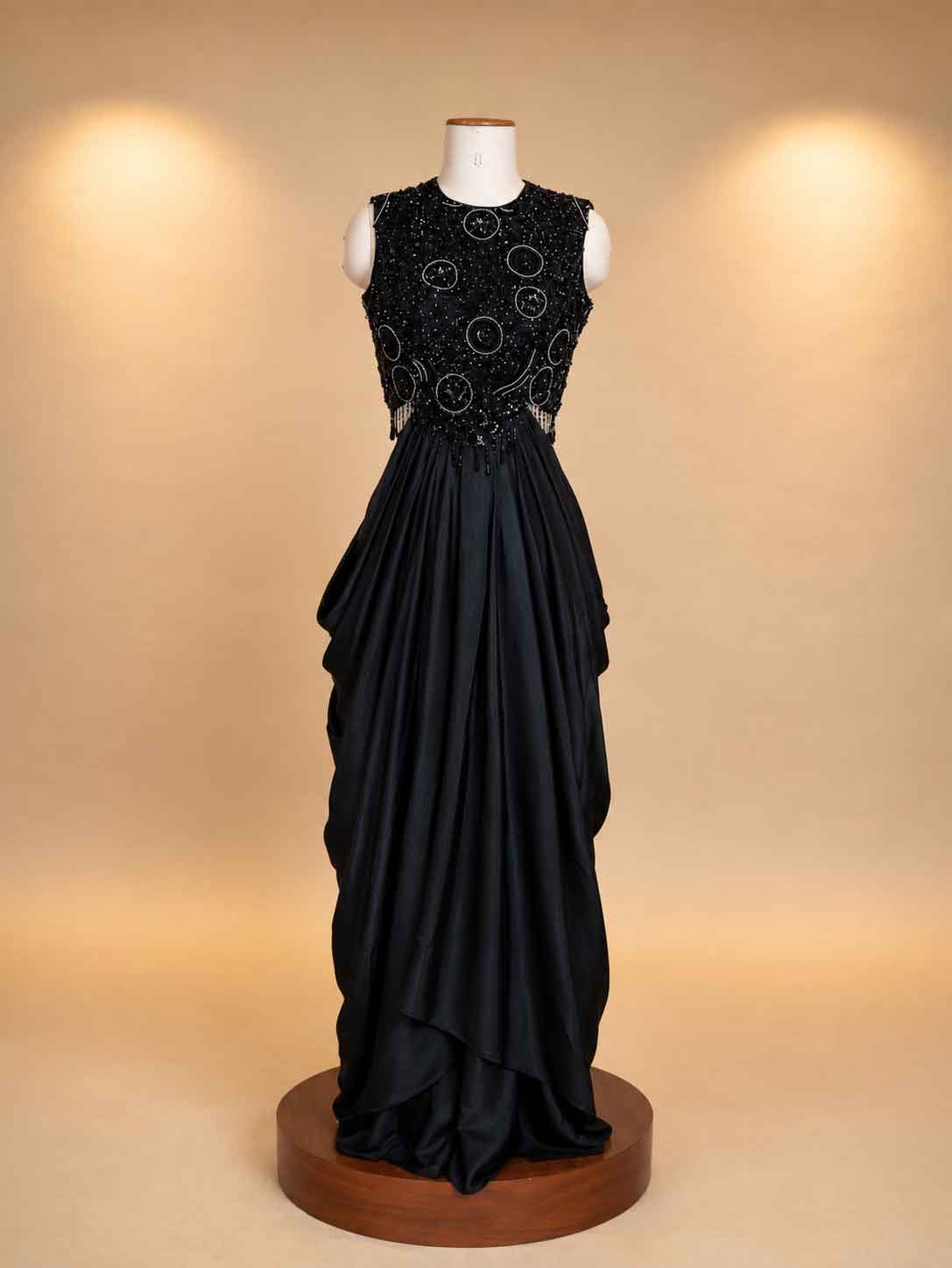 Black Designer Gown with Sequin Embellished Bodice & Draped Skirt | Party Wear