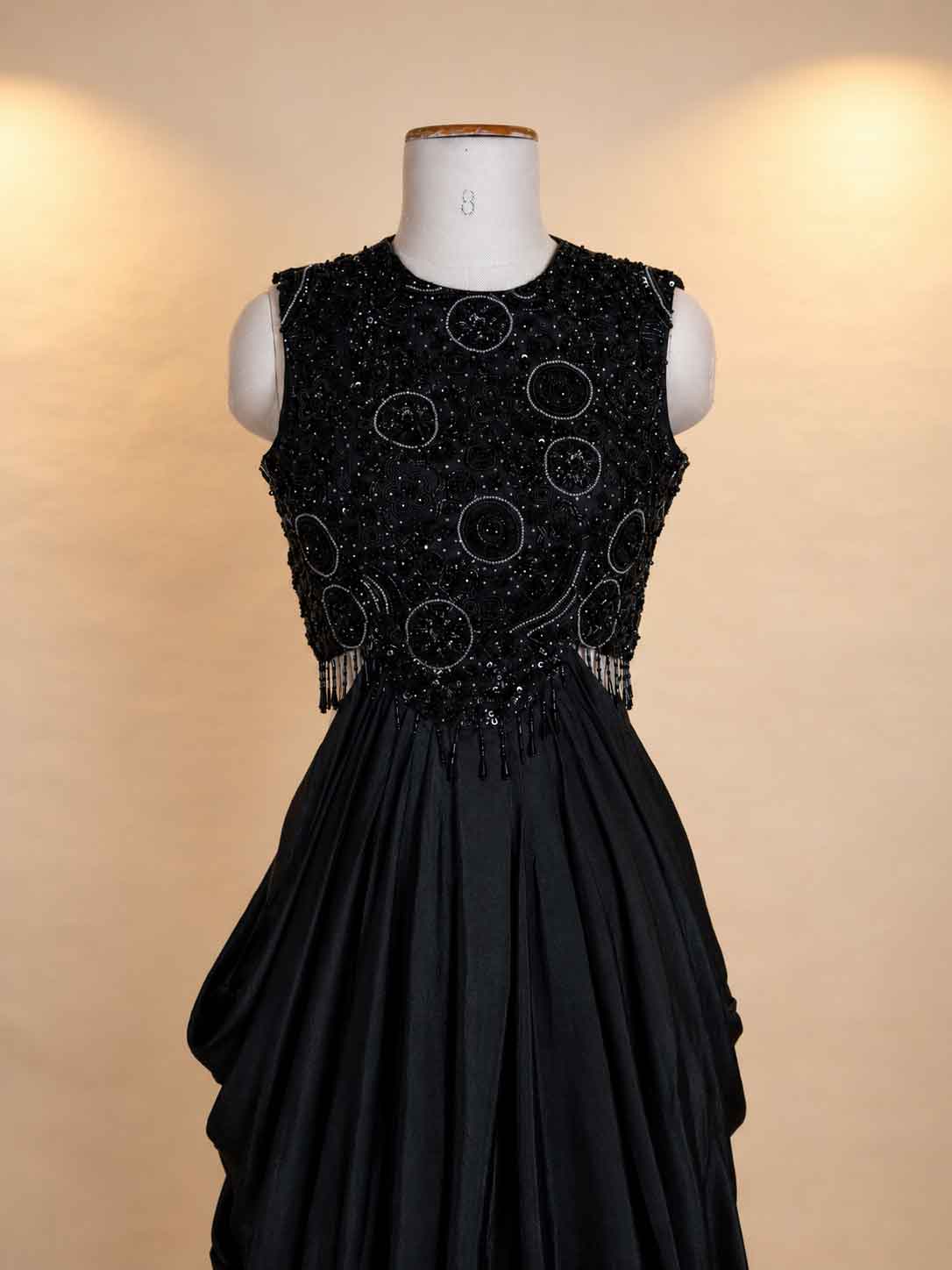 Black Designer Gown with Sequin Embellished Bodice & Draped Skirt | Party Wear