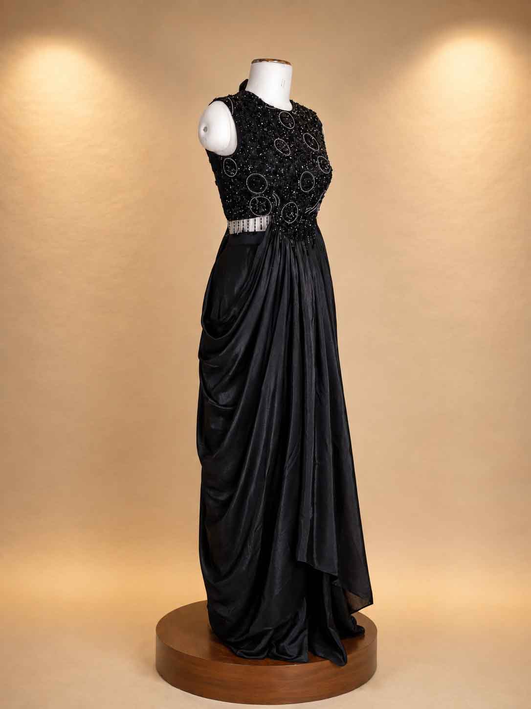 Black Designer Gown with Sequin Embellished Bodice & Draped Skirt | Party Wear