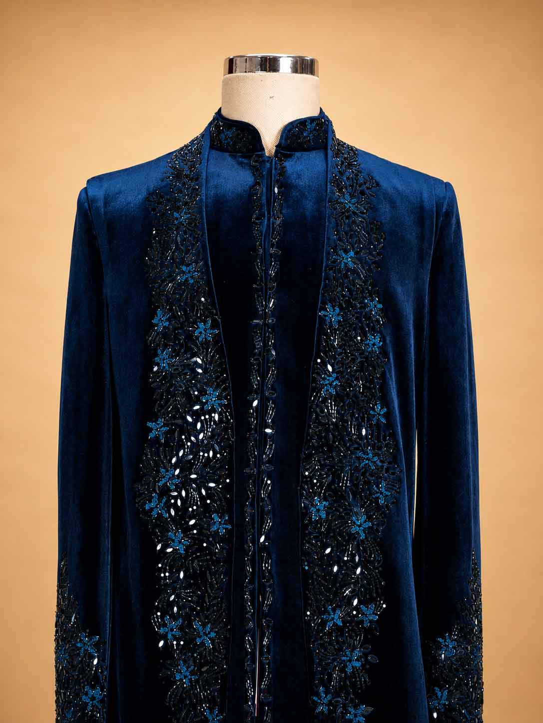 Black Designer Embroidered Velvet Sherwani Suit for Men | Luxury Wedding & Reception Wear