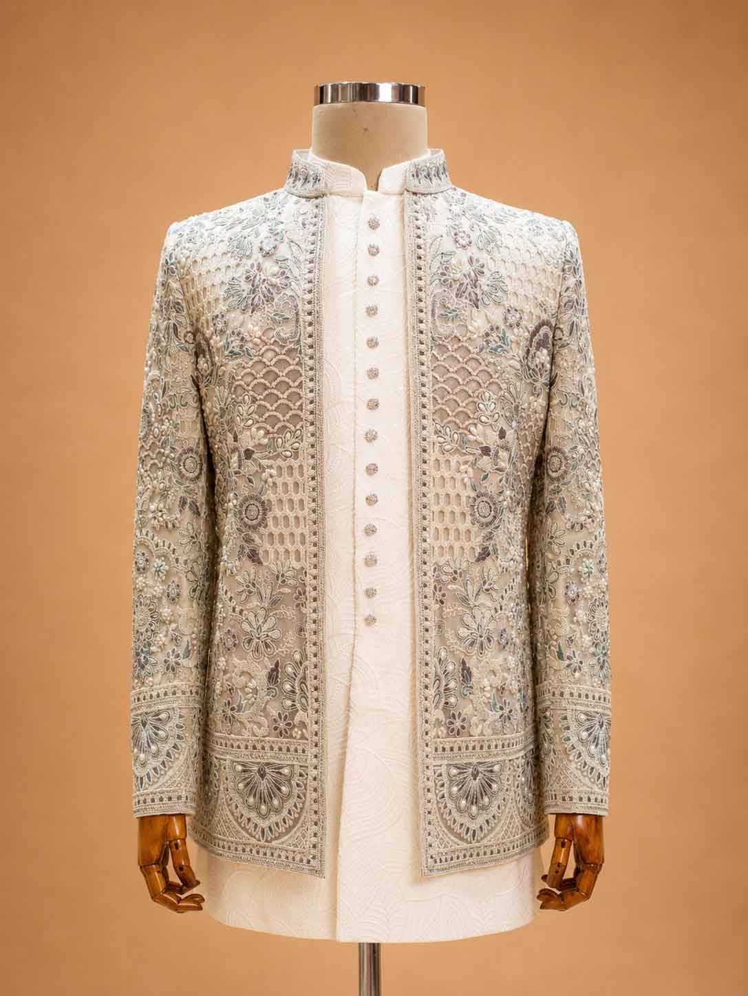 Ivory White Designer Embroidered Sherwani for Men | Luxury Wedding & Reception Wear