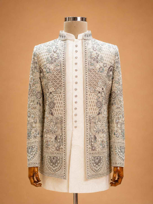 Ivory White Designer Embroidered Sherwani for Men | Luxury Wedding & Reception Wear - view 2