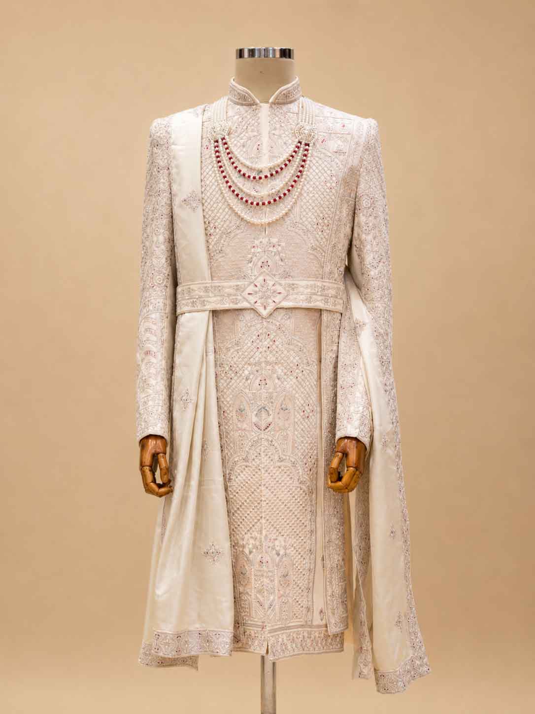 Cream Embroidered Sherwani Set for Men with Dupatta | Luxury Groom & Wedding Wear